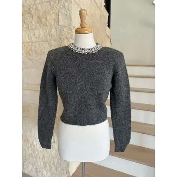 SELF-PORTRAIT Cropped crystal-embellished knitted sweater Gray Size Large - Picture 6 of 11